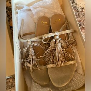 Marc Fisher Crystal Tassel Gold Suede ankle wrap sandal